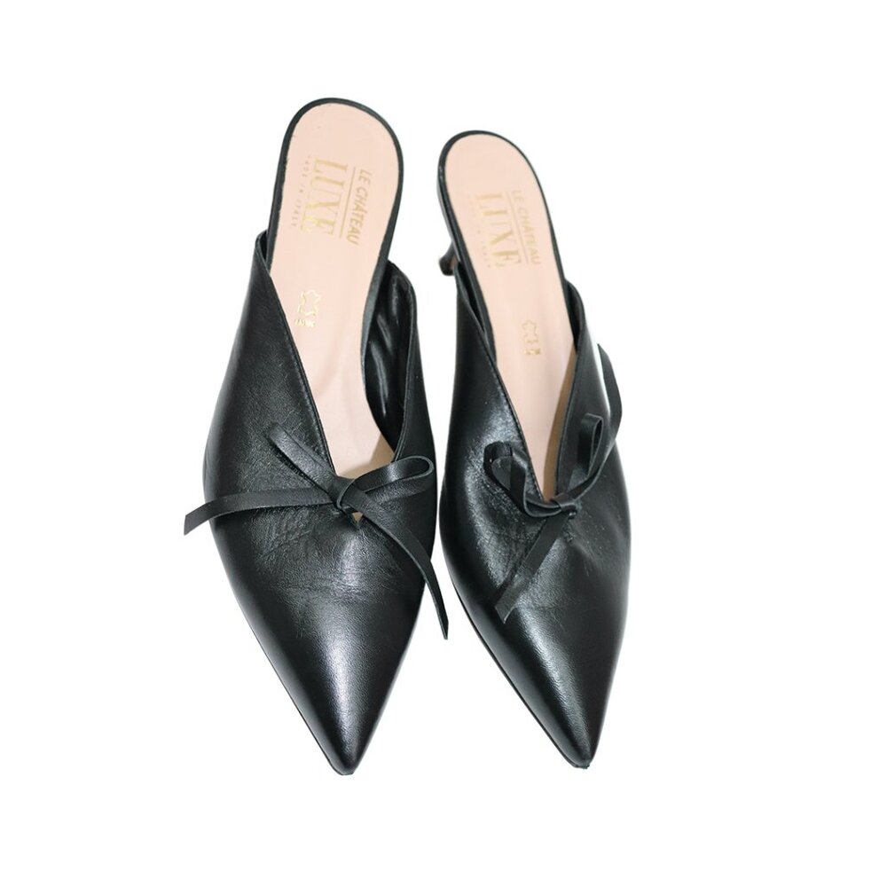 Y2K Le Chateau Black Leather Bow Knife Slingback Kitten Heels Size 8-8.5
